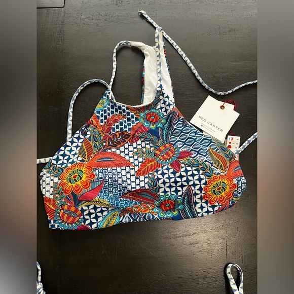 Red Carter Bikini Set Womens Medium NWT Ocean Print‎ Tasstles Full Coverage - Picture 2 of 7